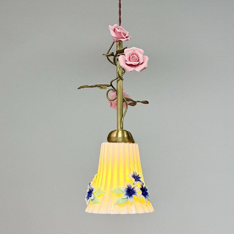 Traditional French Romantic Iron &amp; Ceramic Floral 1-Light Pendant Light For Bedroom &amp; Living Room