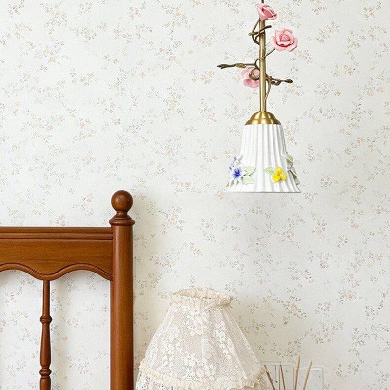 Traditional French Romantic Iron &amp; Ceramic Floral 1-Light Pendant Light For Bedroom &amp; Living Room