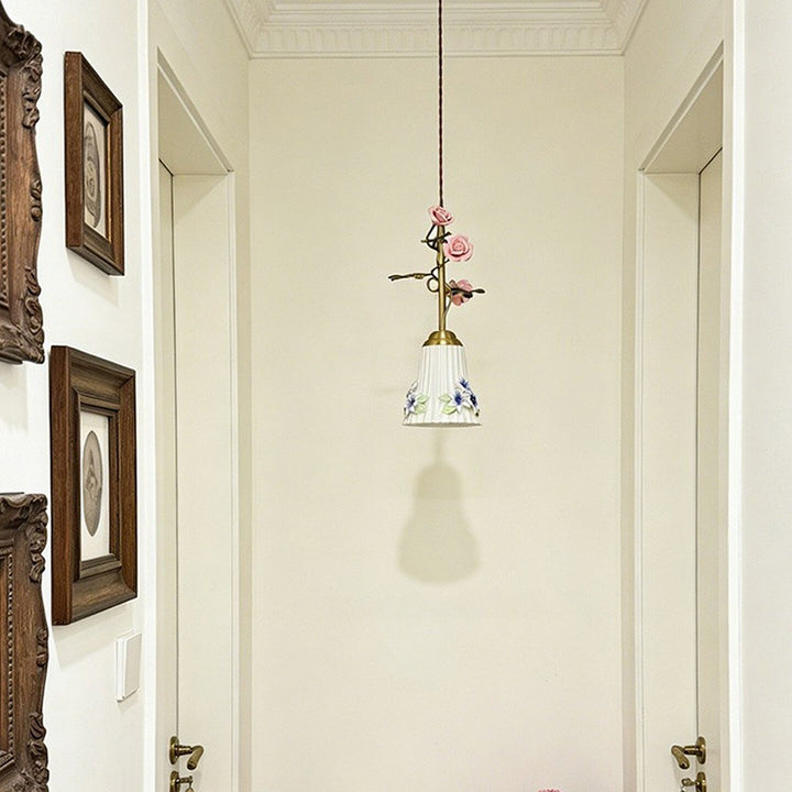 Traditional French Romantic Iron &amp; Ceramic Floral 1-Light Pendant Light For Bedroom &amp; Living Room