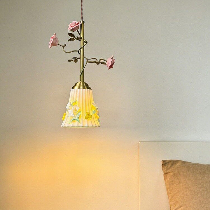 Traditional French Romantic Iron &amp; Ceramic Floral 1-Light Pendant Light For Bedroom &amp; Living Room