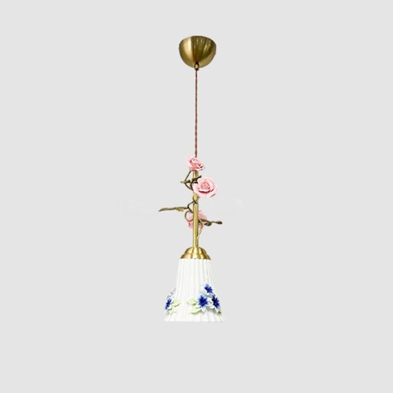 Traditional French Romantic Iron &amp; Ceramic Floral 1-Light Pendant Light For Bedroom &amp; Living Room