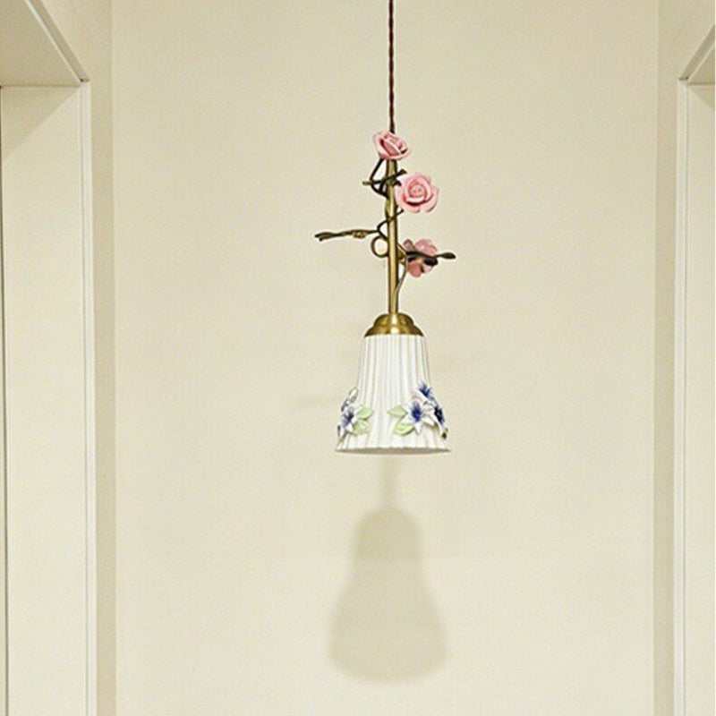 Traditional French Romantic Iron &amp; Ceramic Floral 1-Light Pendant Light For Bedroom &amp; Living Room