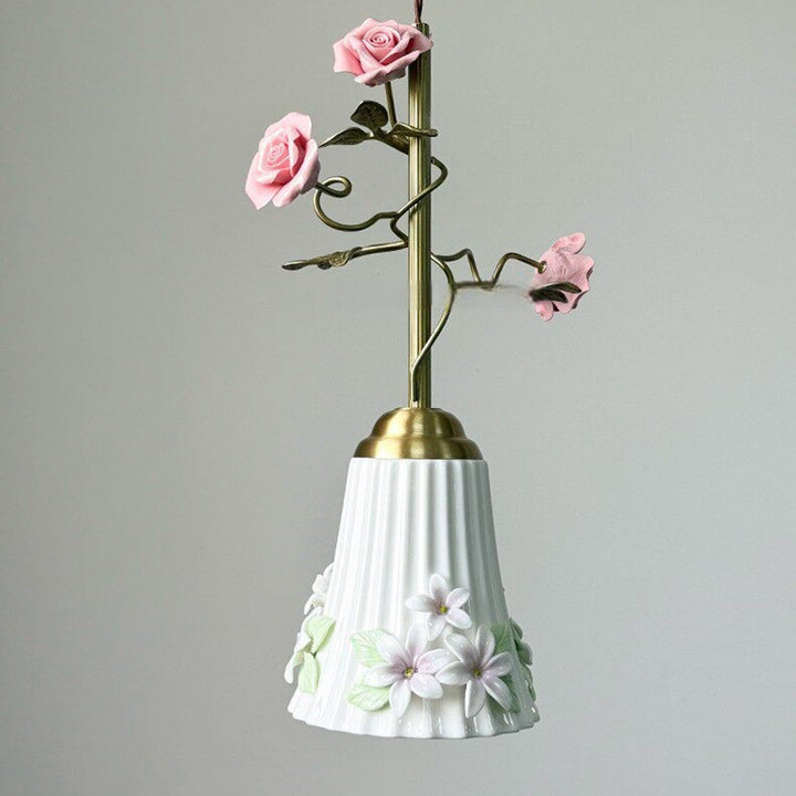 Traditional French Romantic Iron &amp; Ceramic Floral 1-Light Pendant Light For Bedroom &amp; Living Room