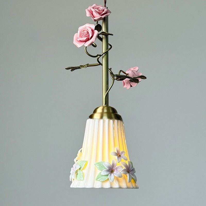 Traditional French Romantic Iron &amp; Ceramic Floral 1-Light Pendant Light For Bedroom &amp; Living Room