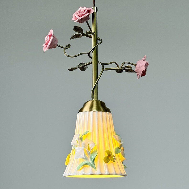 Traditional French Romantic Iron &amp; Ceramic Floral 1-Light Pendant Light For Bedroom &amp; Living Room