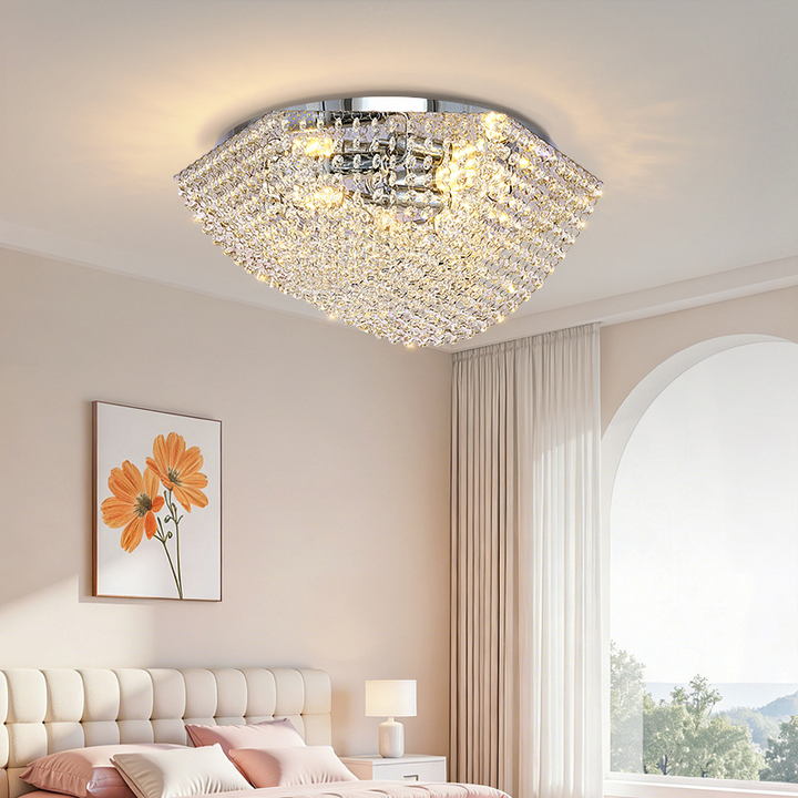 Modern Luxury Crystal Steel Round 4/6/9/12-Light Semi-Flush Mount Ceiling Light Chrome For Living Room Bedroom Dining Room
