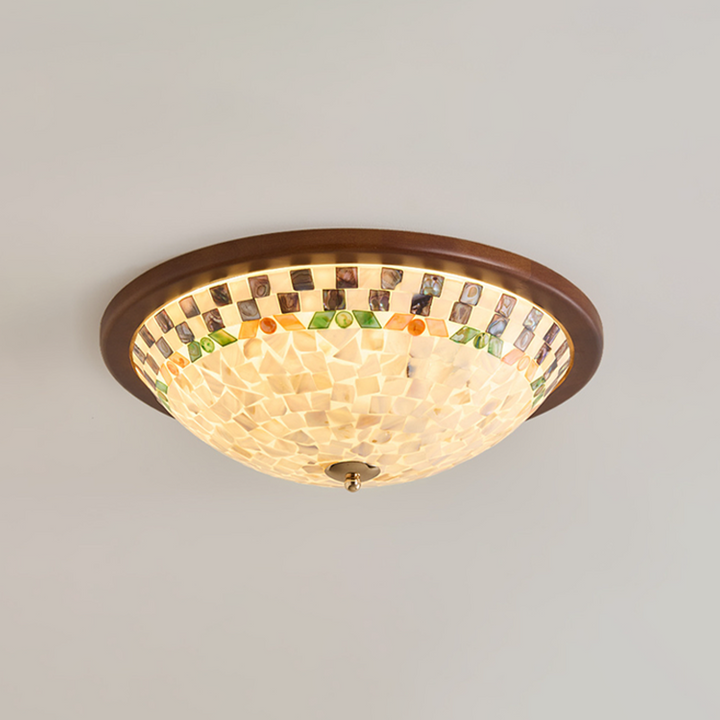 Contemporary Creative Solid Wood Glass Round Shell Shade LED Flush Mount Ceiling Light Walnut Finish For Living Room Bedroom
