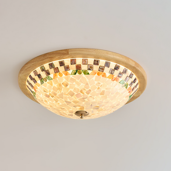 Contemporary Creative Solid Wood Glass Round Shell Shade LED Flush Mount Ceiling Light Walnut Finish For Living Room Bedroom