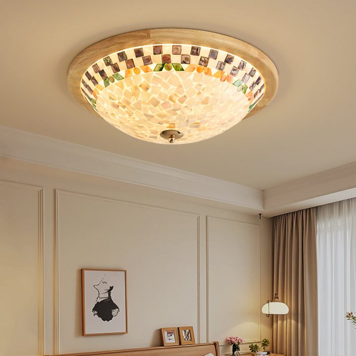 Contemporary Creative Solid Wood Glass Round Shell Shade LED Flush Mount Ceiling Light Walnut Finish For Living Room Bedroom