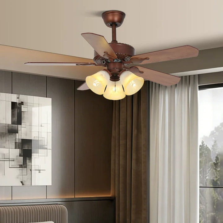 Traditional Tiffany Flower Stained Glass Shade Wood Fan 3-Light Downrods Ceiling Fan Light For Living Room