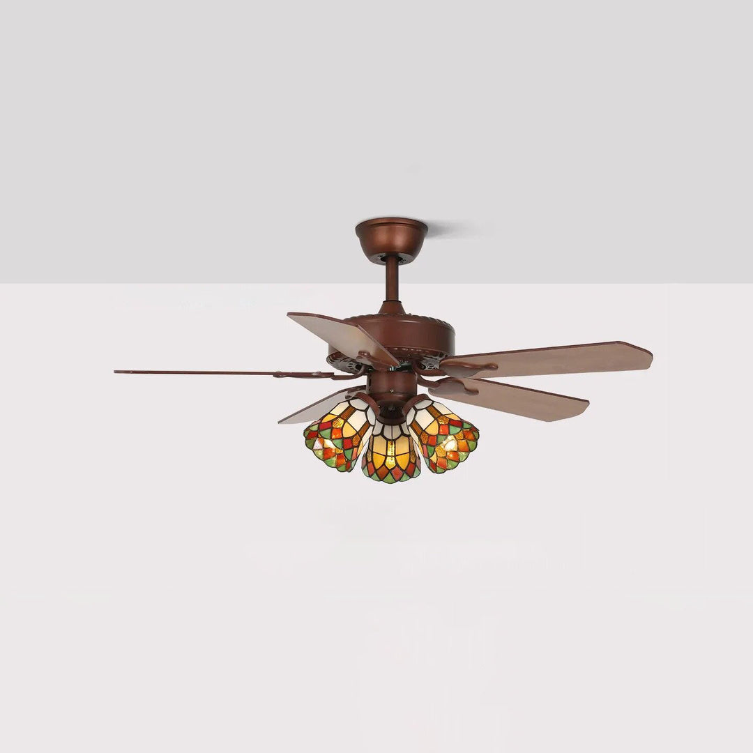 Traditional Tiffany Flower Stained Glass Shade Wood Fan 3-Light Downrods Ceiling Fan Light For Living Room