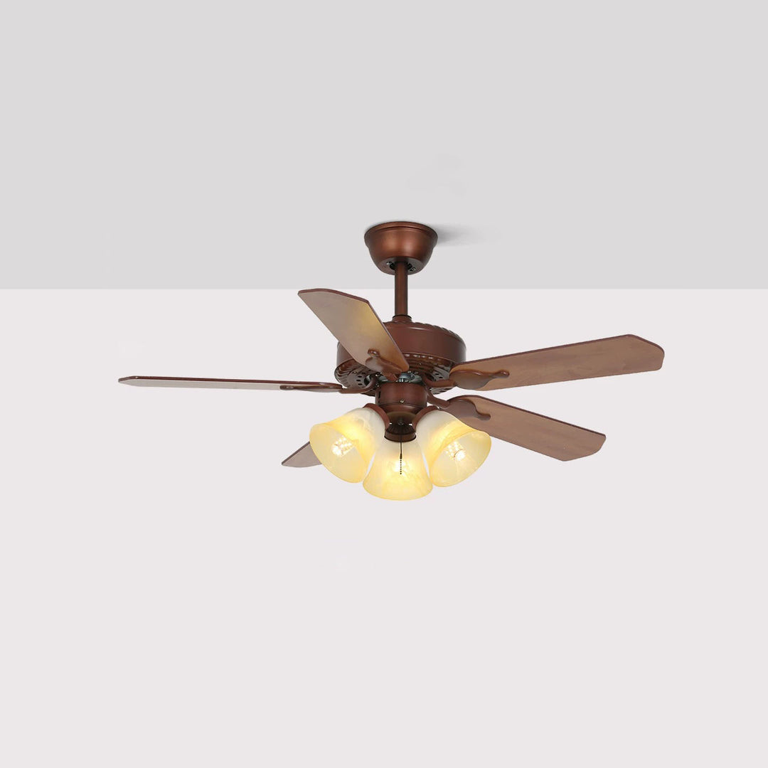 Traditional Tiffany Flower Stained Glass Shade Wood Fan 3-Light Downrods Ceiling Fan Light For Living Room
