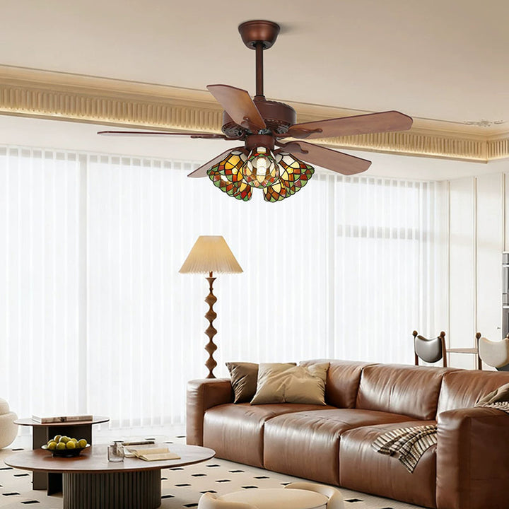 Traditional Tiffany Flower Stained Glass Shade Wood Fan 3-Light Downrods Ceiling Fan Light For Living Room
