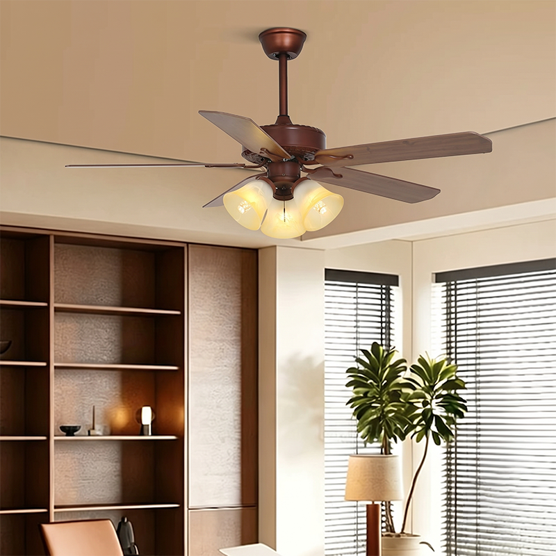 Traditional Tiffany Flower Stained Glass Shade Wood Fan 3-Light Downrods Ceiling Fan Light For Living Room