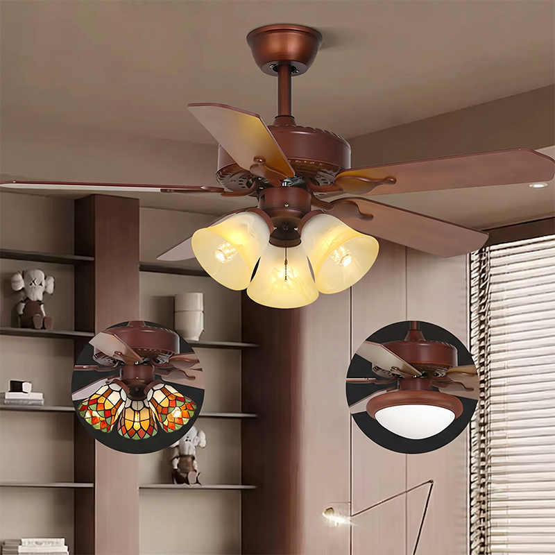 Traditional Tiffany Flower Stained Glass Shade Wood Fan 3-Light Downrods Ceiling Fan Light For Living Room