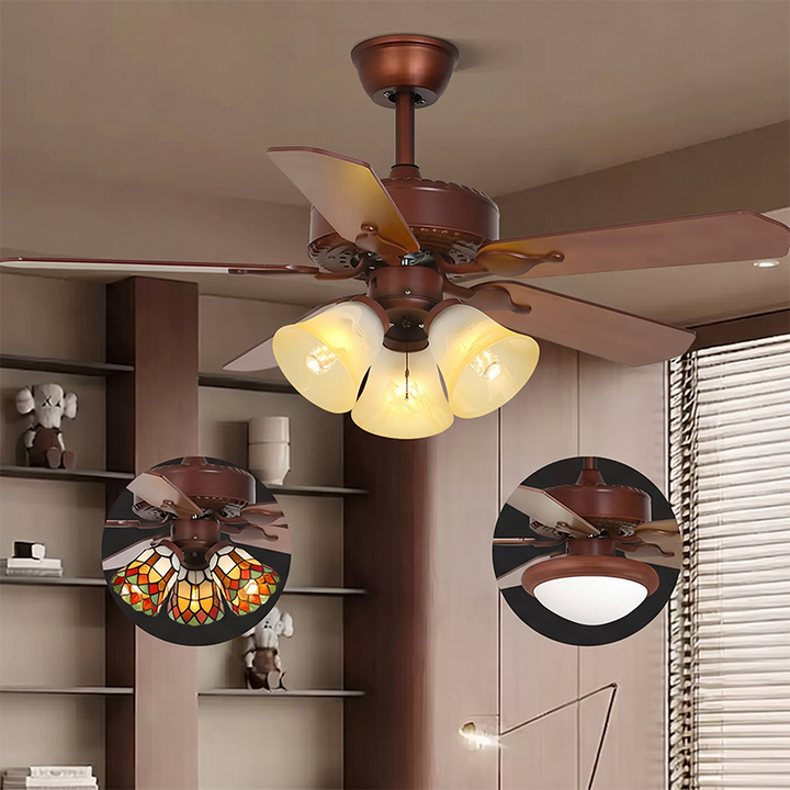Traditional Tiffany Flower Stained Glass Shade Wood Fan 3-Light Downrods Ceiling Fan Light For Living Room