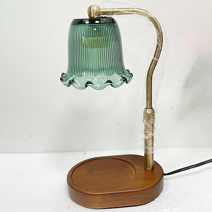 Traditional Vintage Iron Rubberwood Glass Floral Shape 1-Light Melting Wax Table Lamp For Bedroom