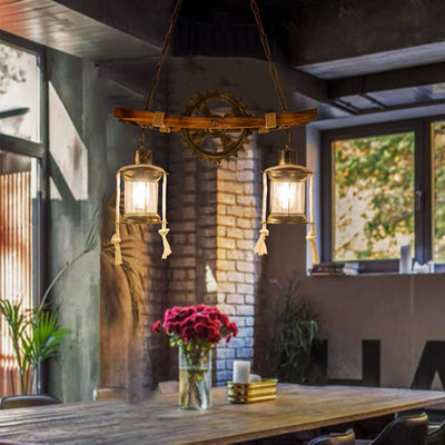 Contemporary Industrial Gear Wood Iron Glass 2 - Light Chandeliers For Dining Room