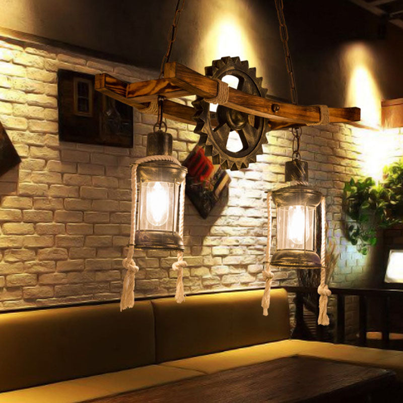 Contemporary Industrial Gear Wood Iron Glass 2 - Light Chandeliers For Dining Room