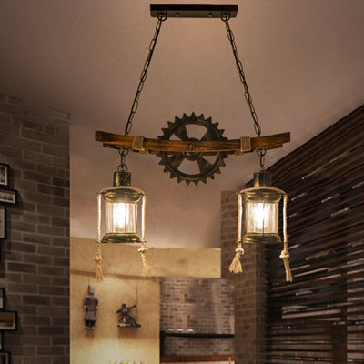 Contemporary Industrial Gear Wood Iron Glass 2 - Light Chandeliers For Dining Room