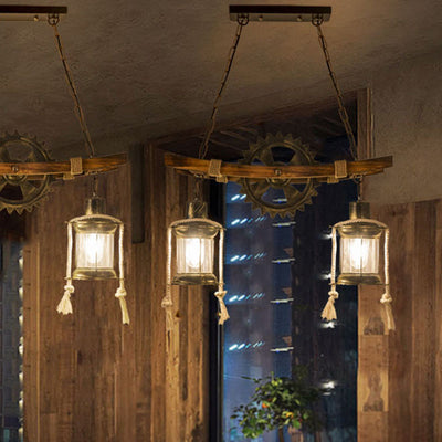 Contemporary Industrial Gear Wood Iron Glass 2 - Light Chandeliers For Dining Room