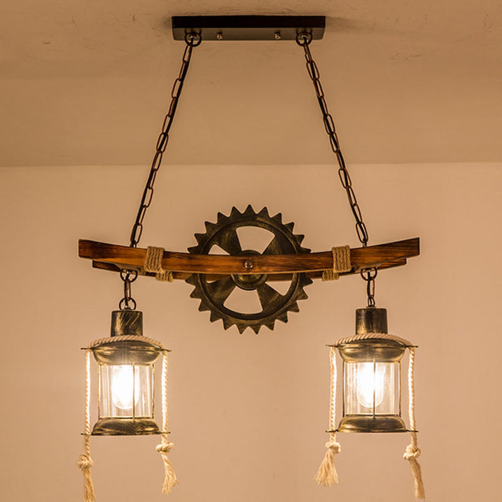 Contemporary Industrial Gear Wood Iron Glass 2 - Light Chandeliers For Dining Room