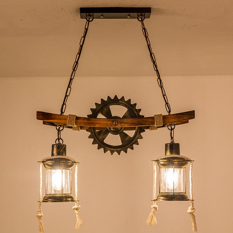 Contemporary Industrial Gear Wood Iron Glass 2 - Light Chandeliers For Dining Room