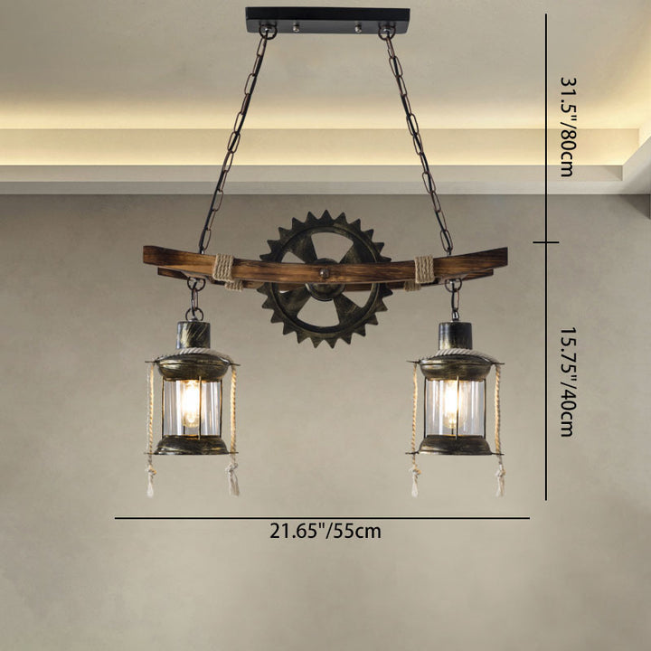 Zeitgenössische industrielle Zahnrad Holz Eisen Glas 2 - Licht Kronleuchter für Esszimmer 