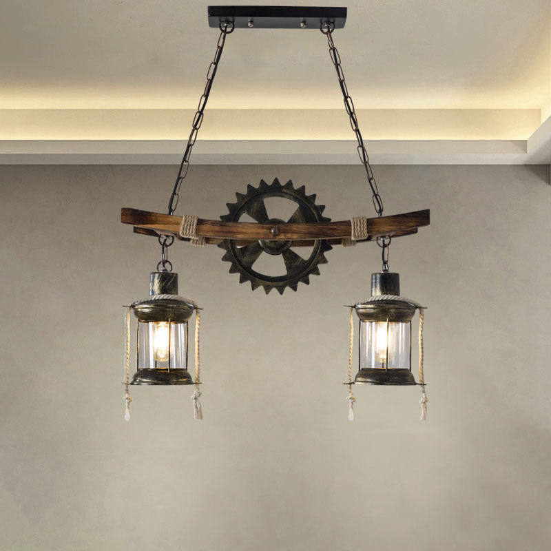 Contemporary Industrial Gear Wood Iron Glass 2 - Light Chandeliers For Dining Room