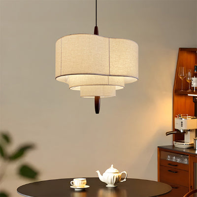 Traditional Vintage Irregular Shape Iron Solid Wood Fabric 1-Light Pendant Light For Dining Room