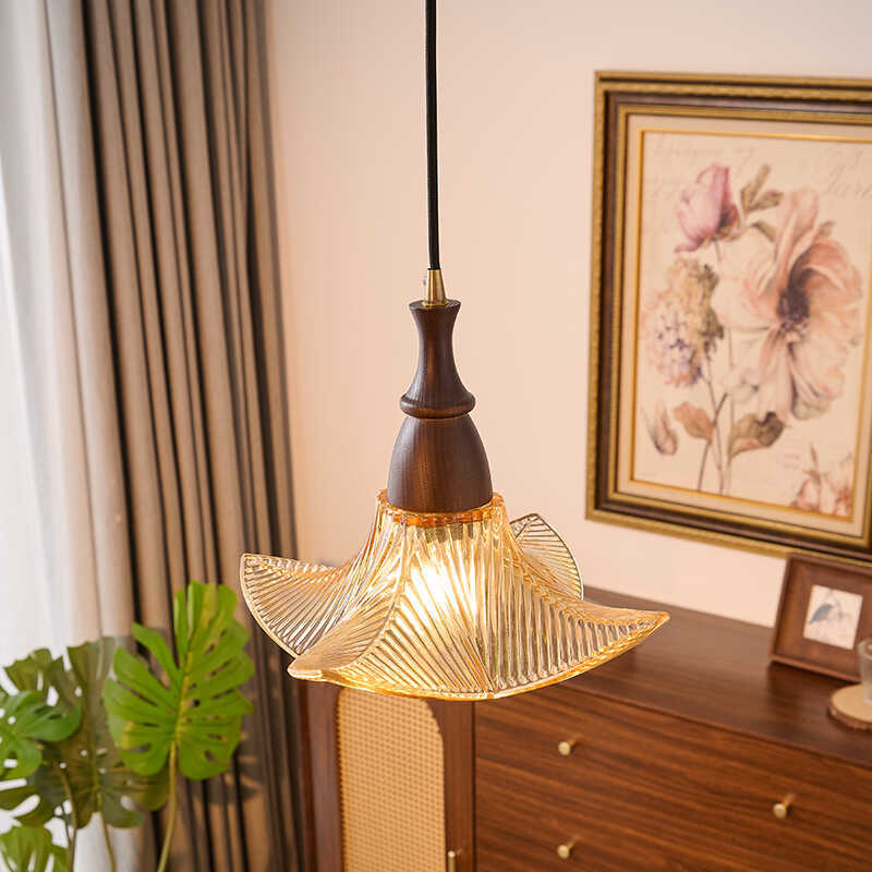 Traditional Vintage Floral Solid Wood Glass 1-Light Pendant Light For Dining Room