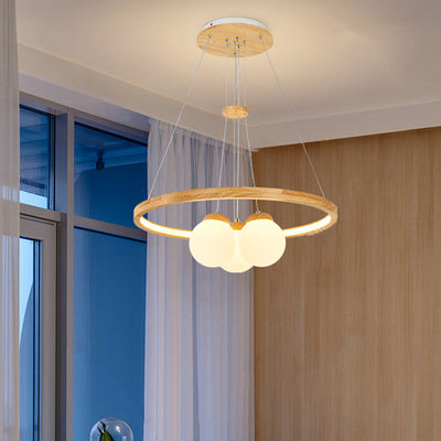 Contemporary Nordic Spherical Solid Wood Plastic LED Chandelier For Bedroom