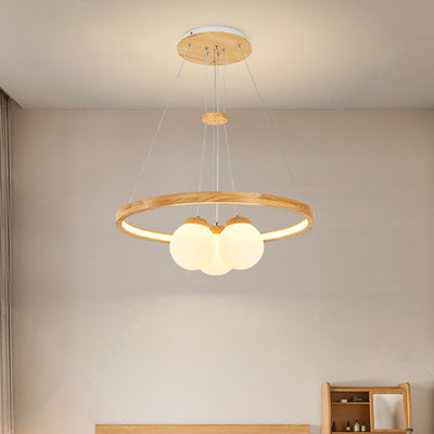 Contemporary Nordic Spherical Solid Wood Plastic LED Chandelier For Bedroom