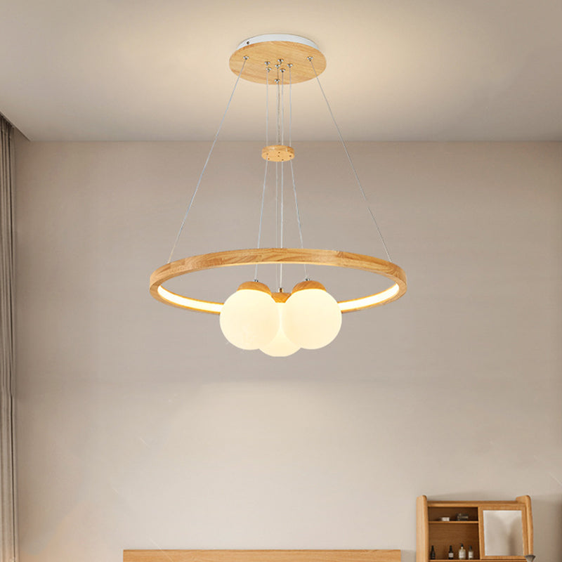 Contemporary Nordic Spherical Solid Wood Plastic LED Chandelier For Bedroom