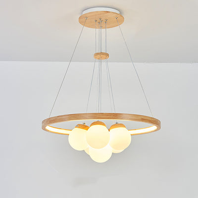 Contemporary Nordic Spherical Solid Wood Plastic LED Chandelier For Bedroom