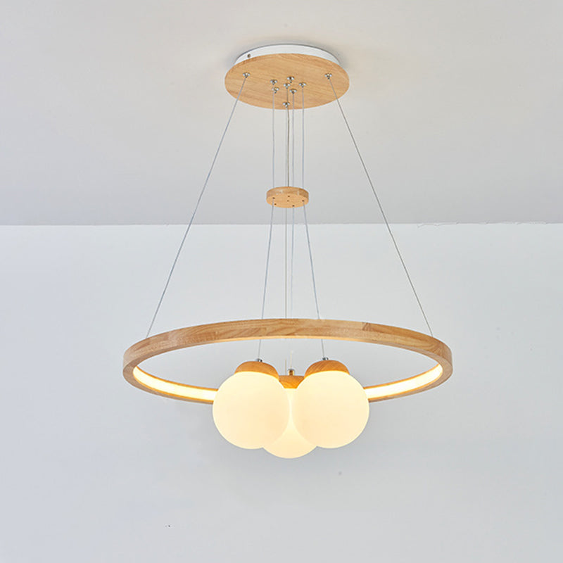 Contemporary Nordic Spherical Solid Wood Plastic LED Chandelier For Bedroom