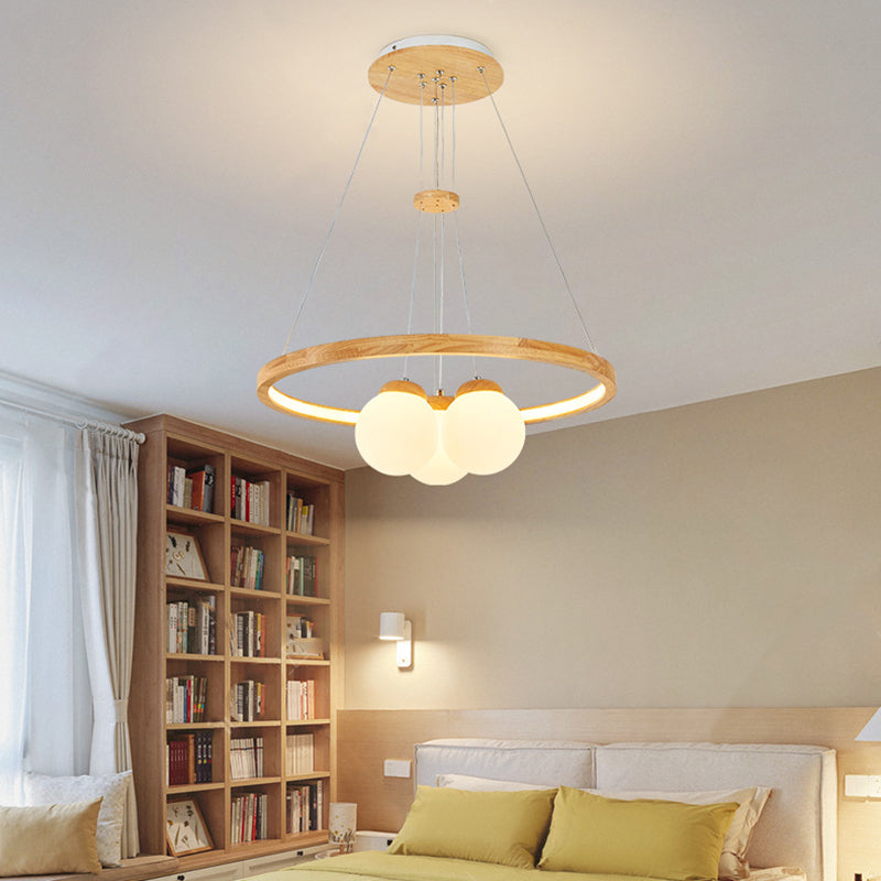 Contemporary Nordic Spherical Solid Wood Plastic LED Chandelier For Bedroom