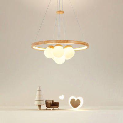 Contemporary Nordic Spherical Solid Wood Plastic LED Chandelier For Bedroom