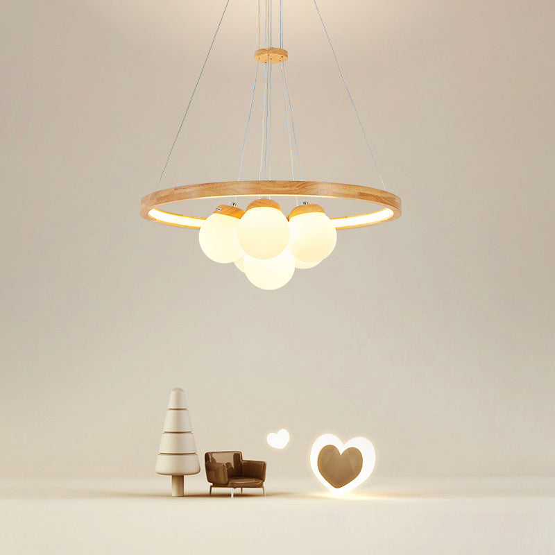 Contemporary Nordic Spherical Solid Wood Plastic LED Chandelier For Bedroom