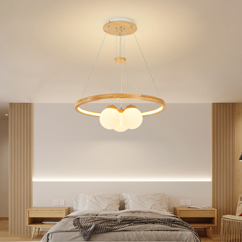 Contemporary Nordic Spherical Solid Wood Plastic LED Chandelier For Bedroom