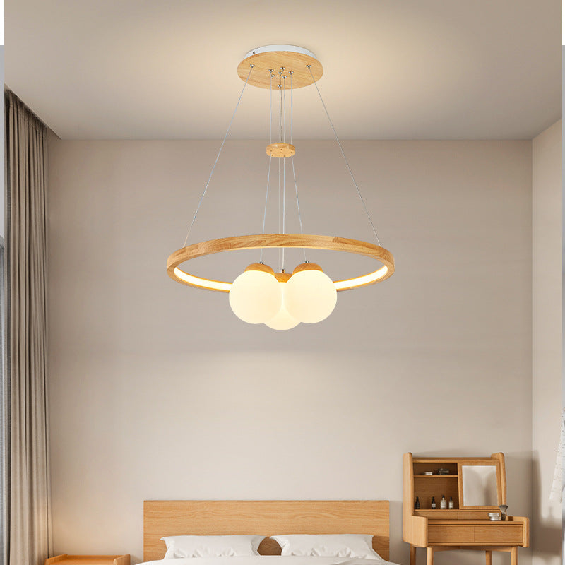 Contemporary Nordic Spherical Solid Wood Plastic LED Chandelier For Bedroom