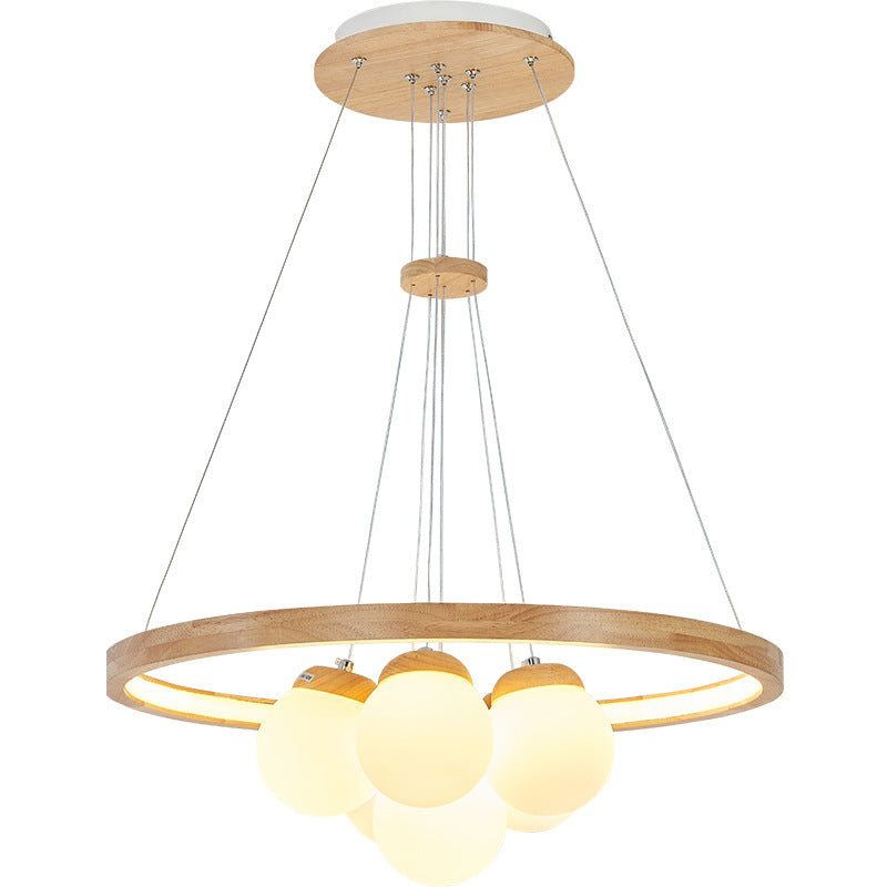 Contemporary Nordic Spherical Solid Wood Plastic LED Chandelier For Bedroom