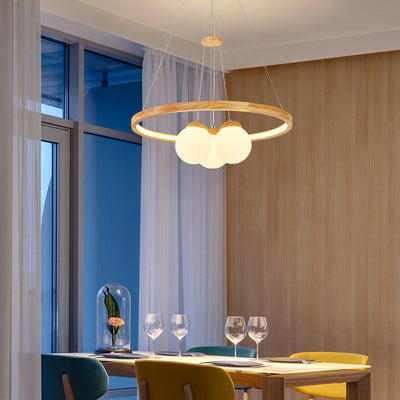 Contemporary Nordic Spherical Solid Wood Plastic LED Chandelier For Bedroom