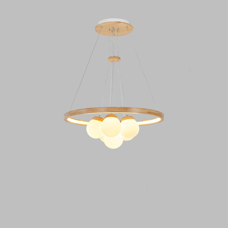 Contemporary Nordic Spherical Solid Wood Plastic LED Chandelier For Bedroom