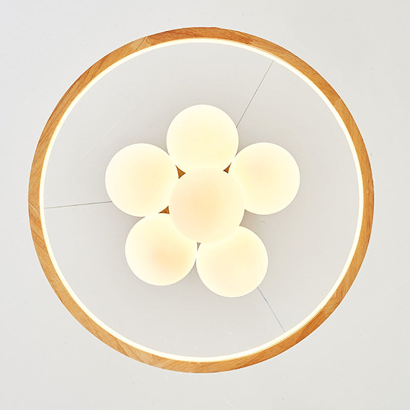 Contemporary Nordic Spherical Solid Wood Plastic LED Chandelier For Bedroom