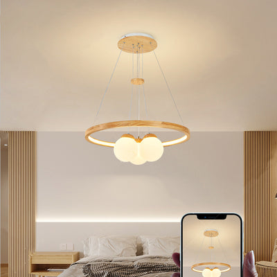 Contemporary Nordic Spherical Solid Wood Plastic LED Chandelier For Bedroom
