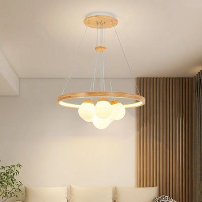 Contemporary Nordic Spherical Solid Wood Plastic LED Chandelier For Bedroom