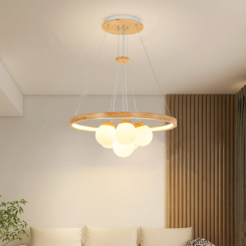 Contemporary Nordic Spherical Solid Wood Plastic LED Chandelier For Bedroom