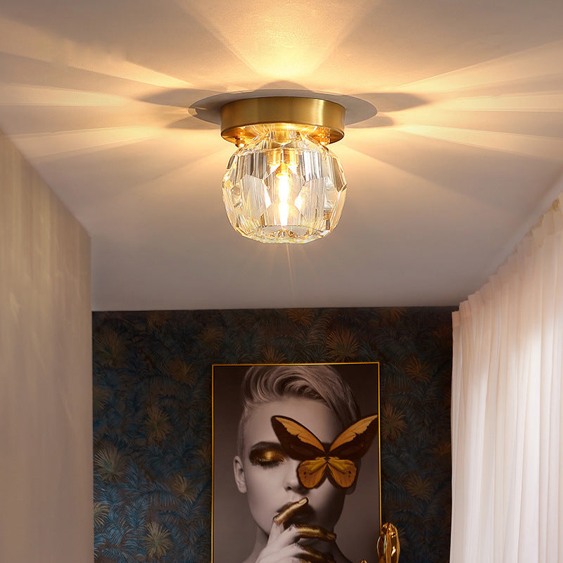 Traditional French Spherical Full Copper Crystal 1-Light Semi-Flush Mount Ceiling Light For Hallway