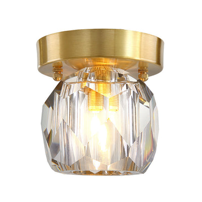 Traditional French Spherical Full Copper Crystal 1-Light Semi-Flush Mount Ceiling Light For Hallway